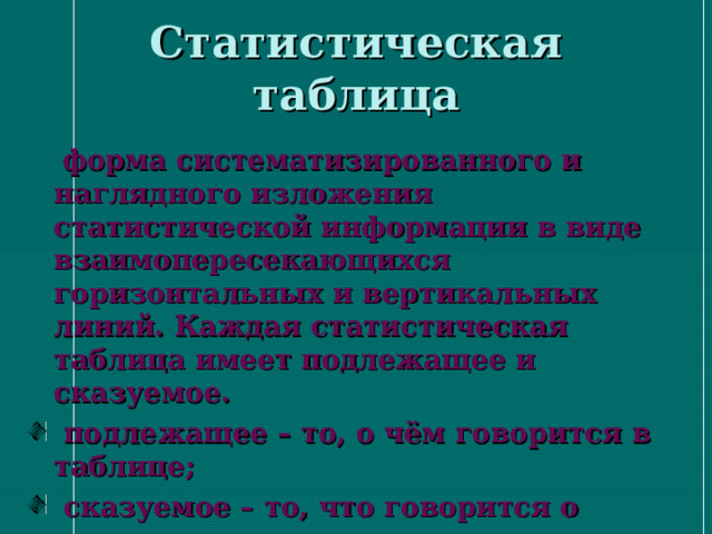 Статистическая таблица  форма систематизированного и наглядного изложения статистической информации в виде взаимопересекающихся горизонтальных и вертикальных линий. Каждая статистическая таблица имеет подлежащее и сказуемое.  подлежащее – то, о чём говорится в таблице;  сказуемое – то, что говорится о подлежащем, его характеристика с помощью численных значений системы показателей 