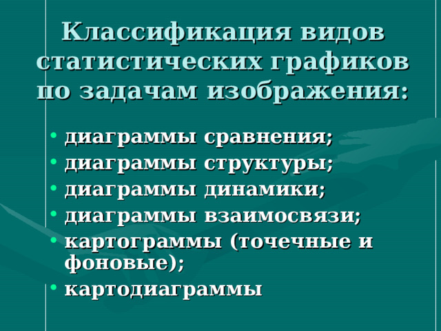 Классификация видов статистических графиков по задачам изображения: диаграммы сравнения; диаграммы структуры; диаграммы динамики; диаграммы взаимосвязи; картограммы (точечные и фоновые); картодиаграммы  