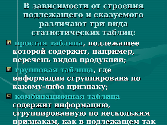 В зависимости от строения подлежащего и сказуемого различают три вида статистических таблиц:  простая таблица , подлежащее которой содержит, например, перечень видов продукции;  групповая таблица , где информация сгруппирована по какому-либо признаку;  комбинационная таблица содержит информацию, сгруппированную по нескольким признакам, как в подлежащем так и в сказуемом таблицы 