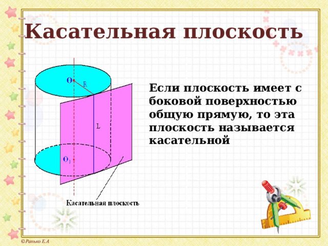 Касательная плоскость Если плоскость имеет с боковой поверхностью общую прямую, то эта плоскость называется касательной 