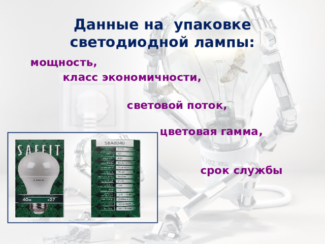 Данные на упаковке светодиодной лампы: : мощность,  класс экономичности,   световой поток,   цветовая гамма,   срок службы 