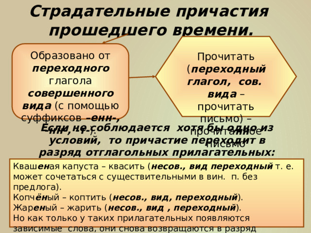 Страдательные причастия прошедшего времени. Прочитать ( переходный глагол, сов. вида – прочитать письмо) – прочита нн ое письмо Образовано от переходного глагола совершенного вида (с помощью суффиксов –енн-, -нн-, -т- ). Если не соблюдается хотя бы одно из условий, то причастие переходит в разряд отглагольных прилагательных: Кваш ен ая капуста – квасить ( несов., вид переходный т. е. может сочетаться с существительными в вин. п. без предлога). Копч ён ый – коптить ( несов., вид, переходный ). Жар ен ый – жарить ( несов., вид , переходный ). Но как только у таких прилагательных появляются зависимые слова, они снова возвращаются в разряд причастий. Жар енн ая на сковородке рыба. 