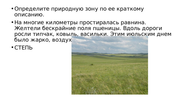 Определите природную зону по ее краткому описанию. На многие километры простиралась равнина. Желтели бескрайние поля пшеницы. Вдоль дороги росли типчак, ковыль, васильки. Этим июльским днем было жарко, воздух застыл, жизнь замерла. СТЕПЬ 