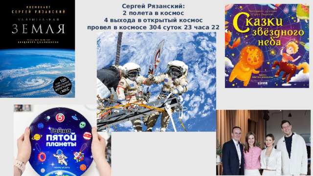 Сергей Рязанский: 2 полета в космос 4 выхода в открытый космос провел в космосе 304 суток 23 часа 22 минуты   
