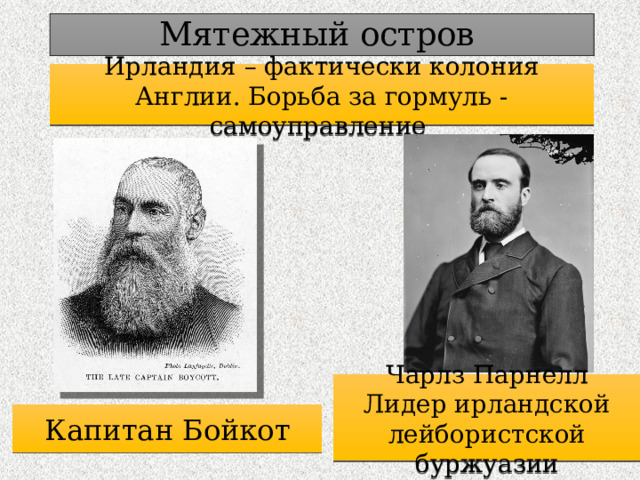 Мятежный остров Ирландия – фактически колония Англии. Борьба за гормуль - самоуправление Чарлз Парнелл Лидер ирландской лейбористской буржуазии Капитан Бойкот 