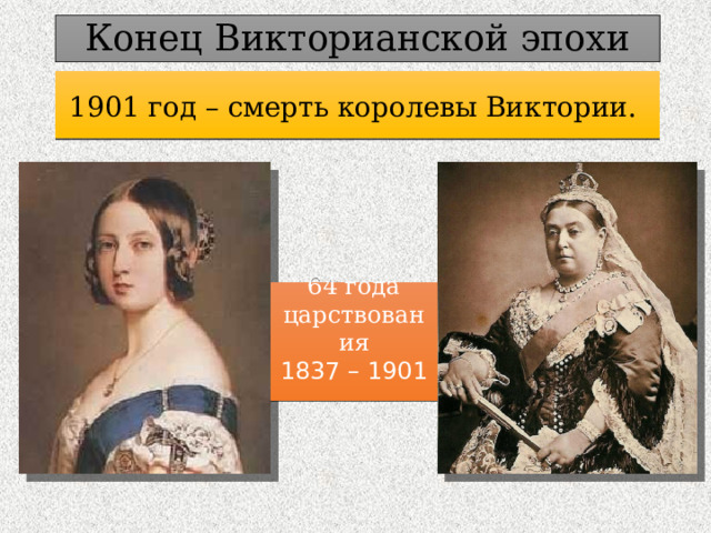 Конец Викторианской эпохи 1901 год – смерть королевы Виктории. 64 года царствования 1837 – 1901 