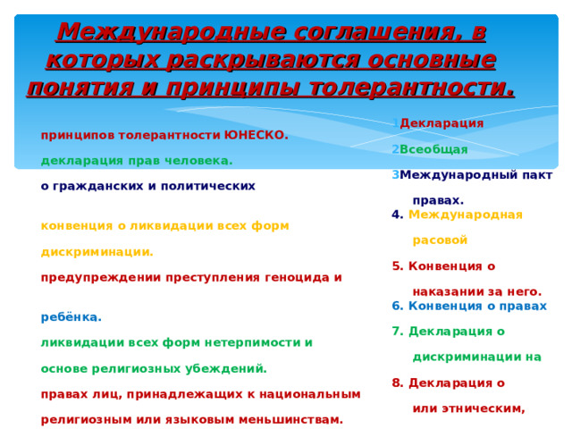 Международные соглашения, в которых раскрываются основные понятия и принципы толерантности. Декларация принципов толерантности ЮНЕСКО. Всеобщая декларация прав человека. Международный пакт о гражданских и политических  правах. 4. Международная конвенция о ликвидации всех форм  расовой дискриминации. 5. Конвенция о предупреждении преступления геноцида и  наказании за него. 6. Конвенция о правах ребёнка. 7. Декларация о ликвидации всех форм нетерпимости и  дискриминации на основе религиозных убеждений. 8. Декларация о правах лиц, принадлежащих к национальным  или этническим, религиозным или языковым меньшинствам. 