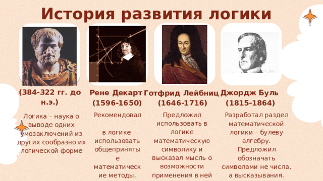 История развития логики Аристотель  (384-322 гг. до н.э.) Рене Декарт  (1596-1650) Джордж Буль  (1815-1864) Готфрид Лейбниц  (1646-1716) Предложил использовать в логике математическую символику и высказал мысль о возможности применения в ней двоичной системы счисления. Рекомендовал  в логике  использовать общепринятые математические методы. Разработал раздел математической логики – булеву алгебру. Предложил обозначать символами не числа, а высказывания. Логика – наука о выводе одних умозаключений из других сообразно их логической форме 