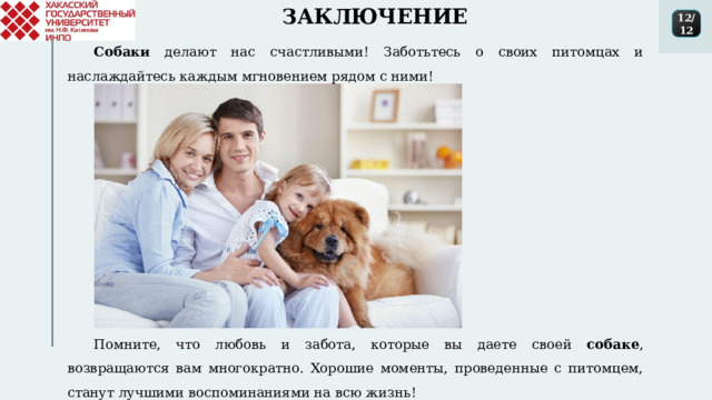 ЗАКЛЮЧЕНИЕ 12/12 Собаки делают нас счастливыми! Заботьтесь о своих питомцах и наслаждайтесь каждым мгновением рядом с ними! Помните, что любовь и забота, которые вы даете своей собаке , возвращаются вам многократно. Хорошие моменты, проведенные с питомцем, станут лучшими воспоминаниями на всю жизнь! 1 