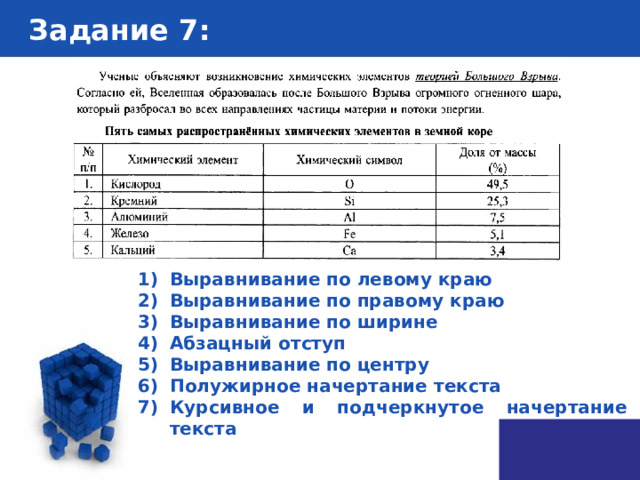Задание 7 : Выравнивание по левому краю Выравнивание по правому краю Выравнивание по ширине Абзацный отступ Выравнивание по центру Полужирное начертание текста Курсивное и подчеркнутое начертание текста 