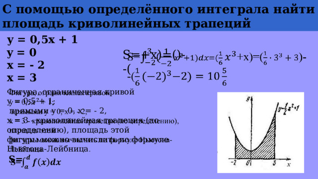 С помощью определённого интеграла найти площадь криволинейных трапеций у = 0,5x + 1 y = 0 x = - 2 x = 3 S=+x)=()-   -( Фигура, ограниченная кривой   у = 0,5 + 1;  прямыми у = 0, x = - 2, х = 3 - криволинейная трапеция (по определению), площадь этой фигуры можно вычислить по формуле Ньютона-Лейбница .  S= 