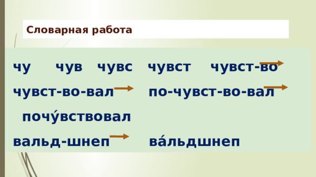 Словарная работа чу чув чувс чувст чувст-во чувст-во-вал по-чувст-во-вал почу́вствовал вальд-шнеп ва́льдшнеп     