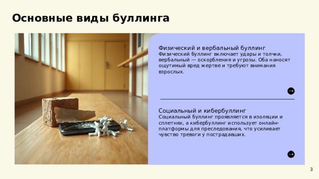 Основные виды буллинга Физический и вербальный буллинг Физический буллинг включает удары и толчки, вербальный — оскорбления и угрозы. Оба наносят ощутимый вред жертве и требуют внимания взрослых. Социальный и кибербуллинг Социальный буллинг проявляется в изоляции и сплетнях, а кибербуллинг использует онлайн-платформы для преследования, что усиливает чувство тревоги у пострадавших. 3  
