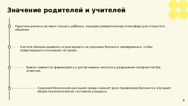 Значение родителей и учителей Родители должны активно слушать ребёнка, создавая доверительную атмосферу для открытого общения. Учителя обязаны выявлять и реагировать на признаки буллинга своевременно, чтобы предотвращать эскалацию ситуации. Важно совместно формировать у детей навыки эмпатии и разрешения конфликтов без агрессии. Создание безопасной школьной среды снижает риск проявления буллинга и улучшает общее психологическое состояние учащихся. 8  