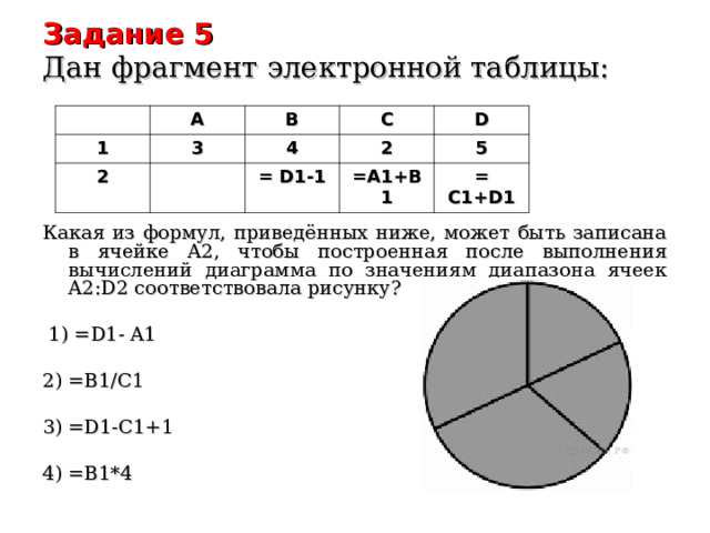 Задание 5  Дан фрагмент электронной таблицы:   Какая из формул, приведённых ниже, может быть записана в ячейке A2, чтобы постро­енная после выполнения вычислений диаграмма по значениям диапазона ячеек A2:D2 со­ответствовала рисунку?  1) =D1-  A1 2) =В1/С1 3) =D1-C1+1 4) =В1*4 1 А В 3 2 С 4 D 2 = D1-1 5 =A1+B1 = C1+D1 