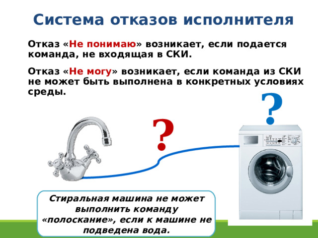 Система отказов исполнителя Отказ « Не понимаю » возникает, если подается команда, не входящая в СКИ. Отказ « Не могу » возникает, если команда из СКИ  не может быть выполнена в конкретных условиях среды. ? ? Стиральная машина не может выполнить команду «полоскание», если к машине не подведена вода. 13 