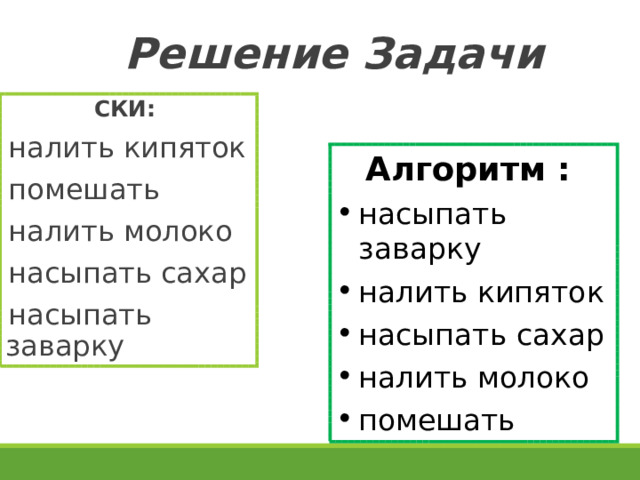 Решение Задачи СКИ: налить кипяток помешать налить молоко насыпать сахар насыпать заварку  Алгоритм : насыпать заварку налить кипяток насыпать сахар налить молоко помешать 27 