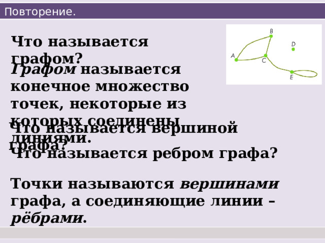Повторение. Что называется графом? Графом  называется конечное множество точек, некоторые из которых соединены линиями.  Что называется вершиной графа? Что называется ребром графа? Точки называются вершинами графа, а соединяющие линии – рёбрами . 