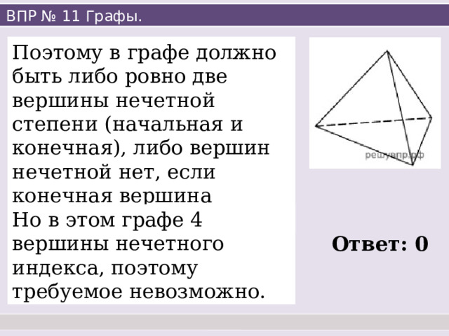 ВПР № 11 Графы. Поэтому в графе должно быть либо ровно две вершины нечетной степени (начальная и конечная), либо вершин нечетной нет, если конечная вершина совпадает с начальной. Но в этом графе 4 вершины нечетного индекса, поэтому требуемое невозможно. Ответ: 0 