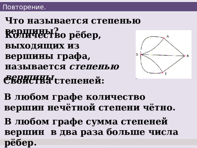 Повторение. Что называется степенью вершины? Количество рёбер, выходящих из вершины графа, называется степенью вершины . Свойства степеней: В любом графе количество вершин нечётной степени чётно. В любом графе сумма степеней вершин в два раза больше числа рёбер. 