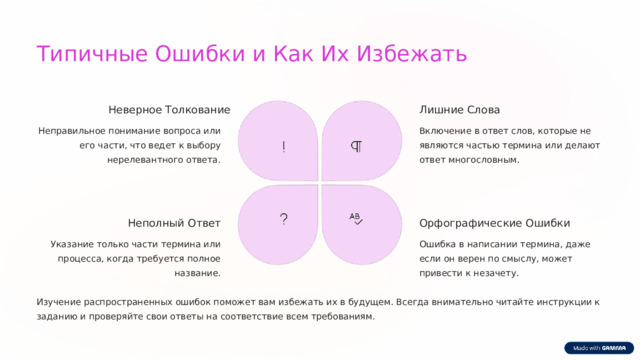  Типичные Ошибки и Как Их Избежать Лишние Слова Неверное Толкование Неправильное понимание вопроса или его части, что ведет к выбору нерелевантного ответа. Включение в ответ слов, которые не являются частью термина или делают ответ многословным. Орфографические Ошибки Неполный Ответ Указание только части термина или процесса, когда требуется полное название. Ошибка в написании термина, даже если он верен по смыслу, может привести к незачету. Изучение распространенных ошибок поможет вам избежать их в будущем. Всегда внимательно читайте инструкции к заданию и проверяйте свои ответы на соответствие всем требованиям. 