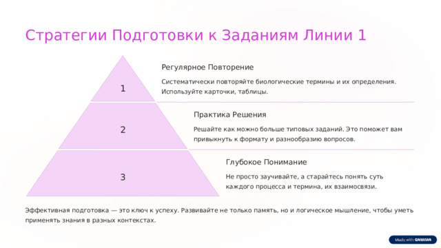  Стратегии Подготовки к Заданиям Линии 1 Регулярное Повторение Систематически повторяйте биологические термины и их определения. Используйте карточки, таблицы. 1 Практика Решения 2 Решайте как можно больше типовых заданий. Это поможет вам привыкнуть к формату и разнообразию вопросов. Глубокое Понимание 3 Не просто заучивайте, а старайтесь понять суть каждого процесса и термина, их взаимосвязи. Эффективная подготовка — это ключ к успеху. Развивайте не только память, но и логическое мышление, чтобы уметь применять знания в разных контекстах. 