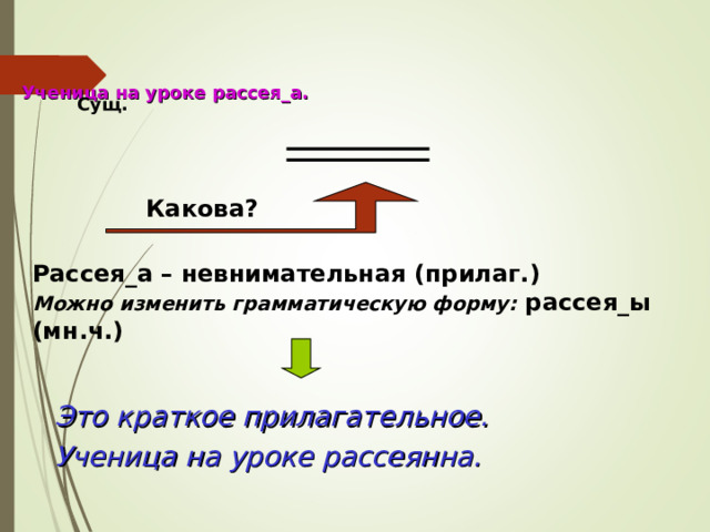  Ученица на уроке рассея_а. Сущ. Какова? Рассея_а – невнимательная (прилаг.) Можно изменить грамматическую форму: рассея_ы (мн.ч.) Это краткое прилагательное. Ученица на уроке рассеянна.   