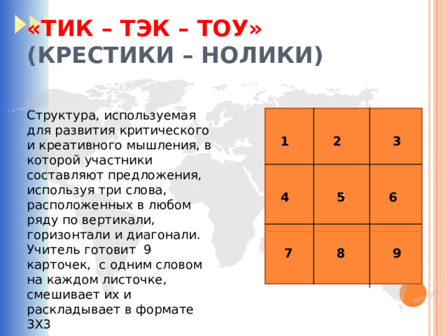 «ТИК – ТЭК – ТОУ»  (КРЕСТИКИ – НОЛИКИ)  Структура, используемая для развития критического и креативного мышления, в которой участники составляют предложения, используя три слова, расположенных в любом ряду по вертикали, горизонтали и диагонали. Учитель готовит 9 карточек, с одним словом на каждом листочке, смешивает их и раскладывает в формате 3Х3   1 3 1 2 4 5 6 7 8 9 