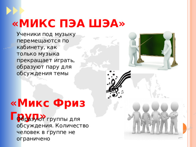 «МИКС ПЭА ШЭА»   Ученики под музыку перемещаются по кабинету, как только музыка прекращает играть, образуют пару для обсуждения темы «Микс Фриз Груп» Образуют группы для обсуждения. Количество человек в группе не ограничено 