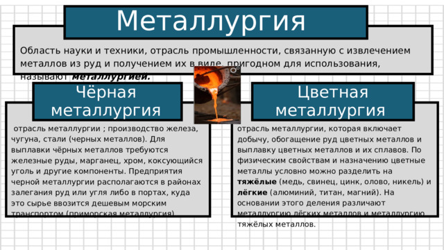 Металлургия Область науки и техники, отрасль промышленности, связанную с извлечением металлов из руд и получением их в виде, пригодном для использования, называют металлургией. Чёрная металлургия Цветная металлургия  отрасль металлургии ; производство железа, чугуна, стали (черных металлов). Для выплавки чёрных металлов требуются железные руды, марганец, хром, коксующийся уголь и другие компоненты. Предприятия черной металлургии располагаются в районах залегания руд или угля либо в портах, куда это сырье ввозится дешевым морским транспортом (приморская металлургия). отрасль металлургии, которая включает добычу, обогащение руд цветных металлов и выплавку цветных металлов и их сплавов. По физическим свойствам и назначению цветные металлы условно можно разделить на тяжёлые (медь, свинец, цинк, олово, никель) и лёгкие (алюминий, титан, магний). На основании этого деления различают металлургию лёгких металлов и металлургию тяжёлых металлов. 