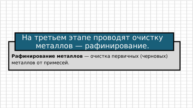 На третьем этапе проводят очистку металлов — рафинирование. Рафинирование металлов — очистка первичных (черновых) металлов от примесей. 