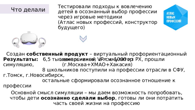 Что делали   Тестировали подходы к вовлечению детей в осознанный выбор профессии через игровые методики  (Атлас новых профессий, конструктор будущего)  Создан собственный продукт – виртуальный профориентационный иммерсивный VR-симулятор  (г.Москва+ХМАО+Хакасия) Результаты: 6,5 тыс.школьников, в т.ч. 1000 из РХ, прошли симуляцию,  8 школьников поступили на профессии отрасли в СФУ, г.Томск, г.Новосибирск,  остальные сформировали осознанное отношение к профессии   Основной смысл симуляции – мы даем возможность попробовать, чтобы дети осознанно сделали выбор , готовы ли они потратить часть своей жизни на профессию 