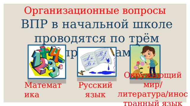 Организационные вопросы ВПР в начальной школе проводятся по трём предметам Окружающий мир/ литература/иностранный язык (на выбор) Математика Русский язык 