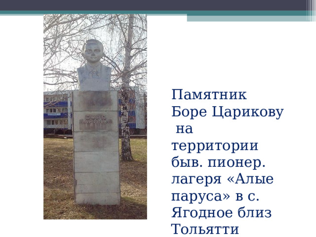 Памятник Боре Царикову на территории быв. пионер. лагеря «Алые паруса» в с. Ягодное близ Тольятти 