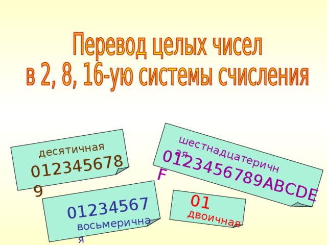 0123456789 ABCDEF 0123456789 01234567 01 шестнадцатеричная десятичная двоичная восьмеричная 