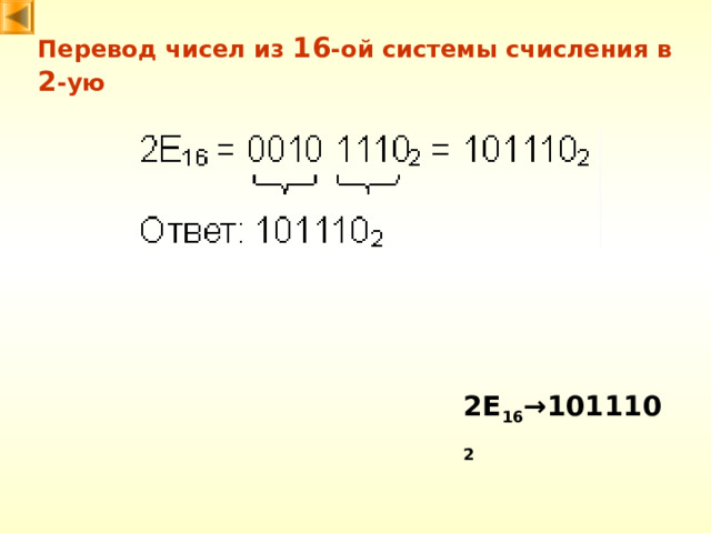 Перевод чисел из 1 6 -ой системы счисления в 2 -ую 2E 16 → 101110 2 