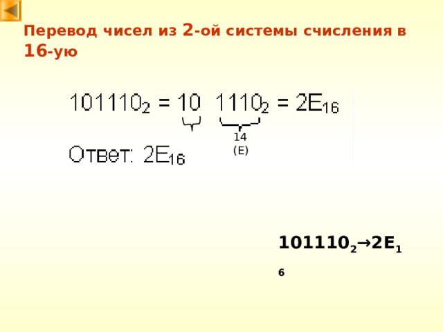 Перевод чисел из 2 -ой системы счисления в 16 -ую 14 (E) 101110 2 → 2E 16 