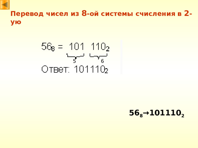 Перевод чисел из 8 -ой системы счисления в 2 -ую 6 5 56 8 → 101110 2 