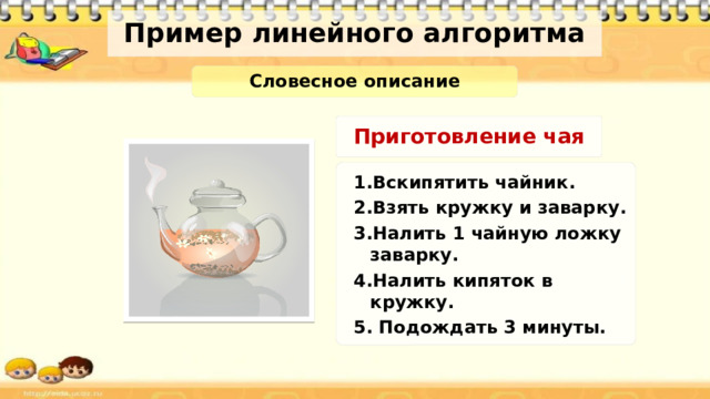 Опорный конспект Алгоритм, в котором команды выполняются последовательно, одна за другой, называется линейным алгоритмом.  