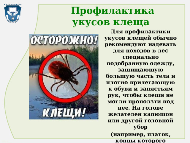  Профилактика  укусов клеща  Для профилактики укусов клещей обычно рекомендуют надевать для походов в лес специально подобранную одежду, защищающую большую часть тела и плотно прилегающую к обуви и запястьям рук, чтобы клещи не могли проползти под нее. На голове желателен капюшон или другой головной убор  (например, платок, концы которого следует заправлять под воротник). 
