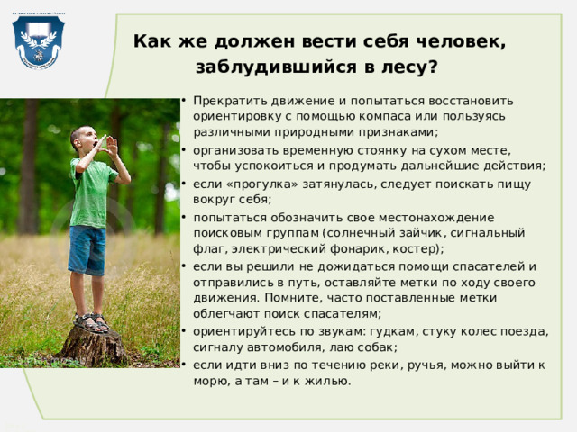 Как же должен вести себя человек, заблудившийся в лесу?  Прекратить движение и попытаться восстановить ориентировку с помощью компаса или пользуясь различными природными признаками; организовать временную стоянку на сухом месте, чтобы успокоиться и продумать дальнейшие действия; если «прогулка» затянулась, следует поискать пищу вокруг себя; попытаться обозначить свое местонахождение поисковым группам (солнечный зайчик, сигнальный флаг, электрический фонарик, костер); если вы решили не дожидаться помощи спасателей и отправились в путь, оставляйте метки по ходу своего движения. Помните, часто поставленные метки облегчают поиск спасателям; ориентируйтесь по звукам: гудкам, стуку колес поезда, сигналу автомобиля, лаю собак; если идти вниз по течению реки, ручья, можно выйти к морю, а там – и к жилью. 