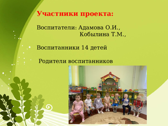 Участники проекта: Воспитатели: Адамова О.И.,  Кобылина Т.М., Воспитанники 14 детей  Родители воспитанников 
