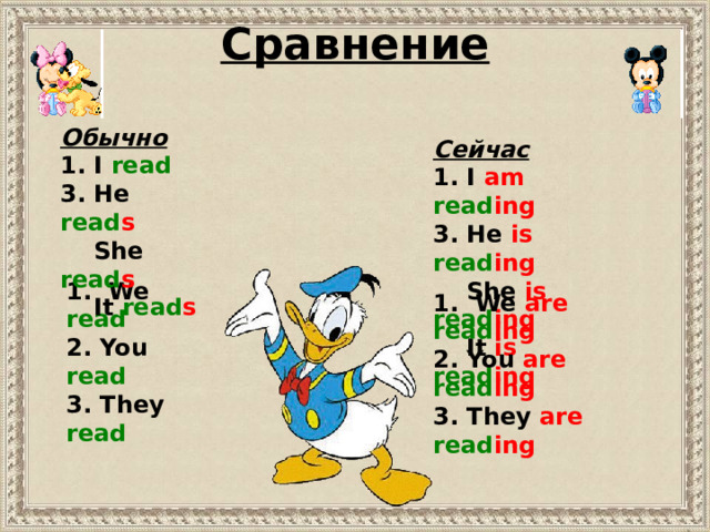 Cравнение Обычно 1. I read 3. He read s  She read s  It read s Сейчас 1. I am  read ing 3. He is read ing  She is  read ing  It is  read ing 1. We read 2. You read 3. They read 1. We are  read ing 2. You are  read ing 3. They are  read ing 