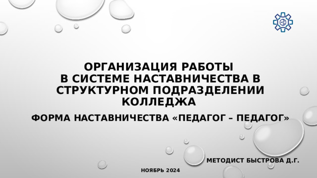 Организация работы  в системе наставничества в структурном подразделении колледжа   Форма наставничества «педагог – педагог»  Методист Быстрова Д.Г. Ноябрь 2024 