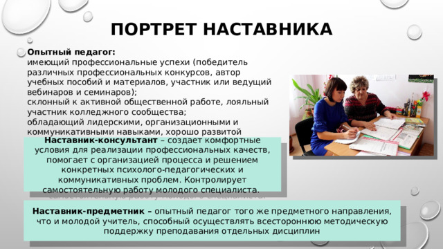 Портрет наставника Опытный педагог: имеющий профессиональные успехи (победитель различных профессиональных конкурсов, автор учебных пособий и материалов, участник или ведущий вебинаров и семинаров); склонный к активной общественной работе, лояльный участник колледжного сообщества; обладающий лидерскими, организационными и коммуникативными навыками, хорошо развитой эмпатией. Наставник-консультант – создает комфортные условия для реализации профессиональных качеств, помогает с организацией процесса и решением конкретных психолого-педагогических и коммуникативных проблем. Контролирует самостоятельную работу молодого специалиста. Наставник-предметник – опытный педагог того же предметного направления, что и молодой учитель, способный осуществлять всестороннюю методическую поддержку преподавания отдельных дисциплин 