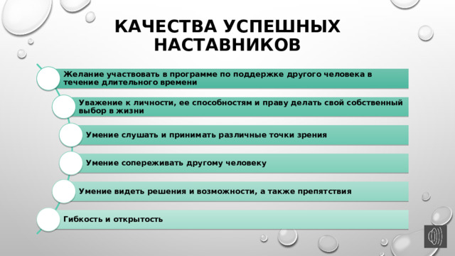 Качества успешных наставников Желание участвовать в программе по поддержке другого человека в течение длительного времени Уважение к личности, ее способностям и праву делать свой собственный выбор в жизни Умение слушать и принимать различные точки зрения Умение сопереживать другому человеку Умение видеть решения и возможности, а также препятствия Гибкость и открытость 