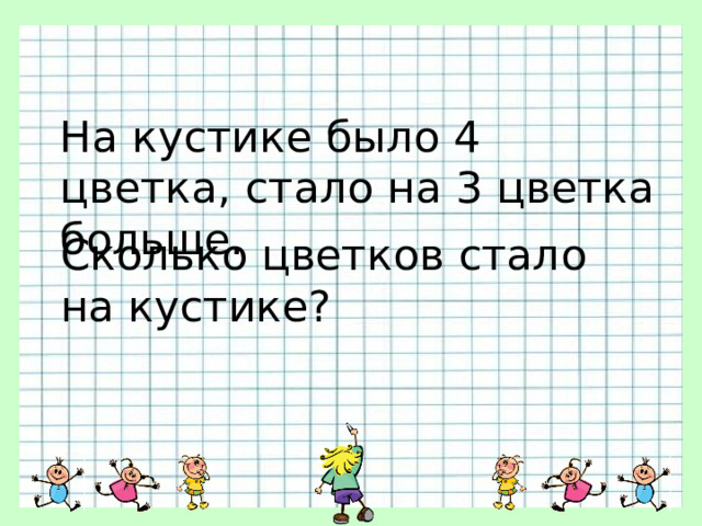 На кустике было 4 цветка, стало на 3 цветка больше. Сколько цветков стало на кустике? 