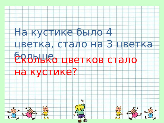 На кустике было 4 цветка, стало на 3 цветка больше. Сколько цветков стало на кустике? 