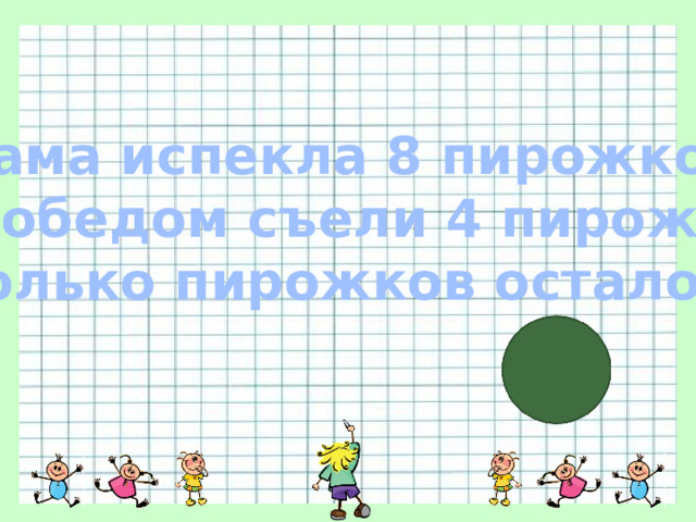 Мама испекла 8 пирожков. За обедом съели 4 пирожка. Сколько пирожков осталось? 