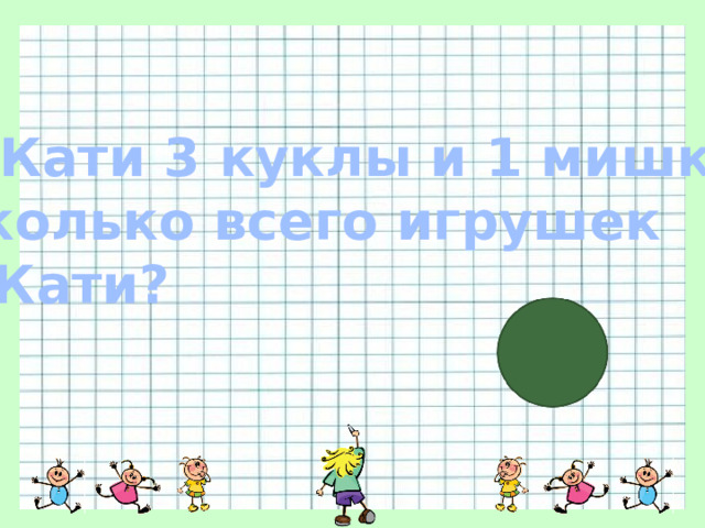 У Кати 3 куклы и 1 мишка. Сколько всего игрушек у Кати? 